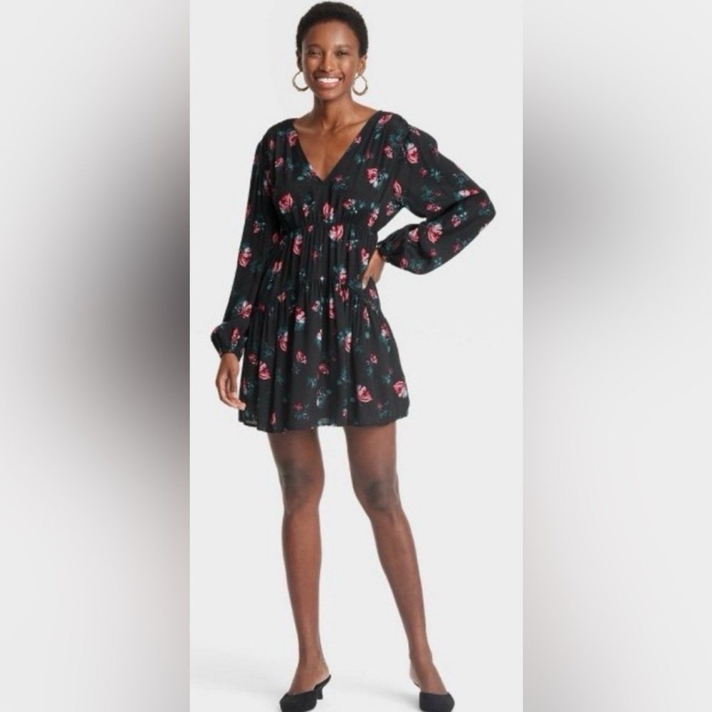 a new day Balloon Long Sleeve Drop Waist Mini A-Line Dress, Black Floral - NWT